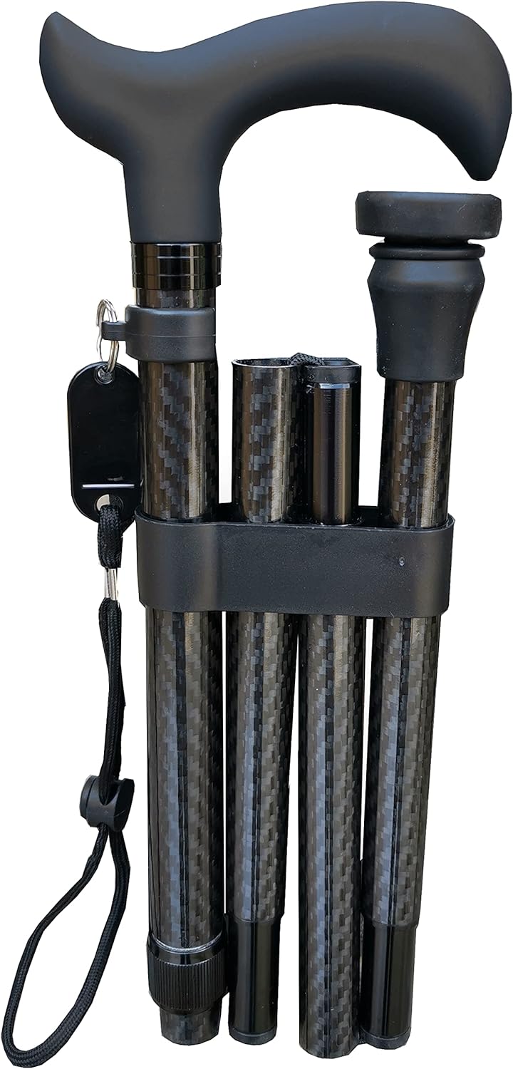 Deluxe Carbon Fibre 4-Part Folding Adjustable Walking Stick Cane for Men, Ladies and Women with Soft Grip Handle - 33.5” to 37.5”