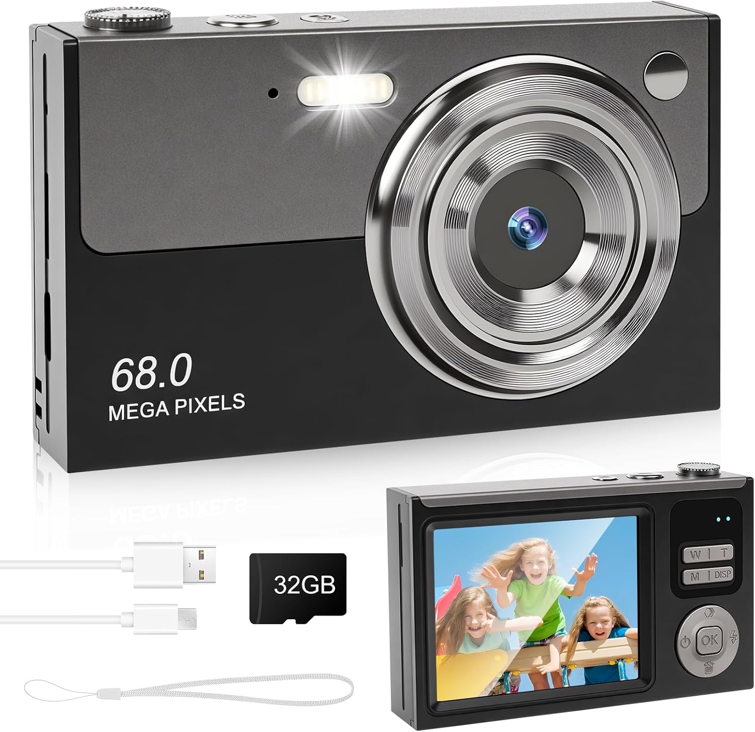 Digital Camera - 68MP Autofocus with 2.8" LCD Screen 16X Digital Zoom Anti-Shake Photography Vlogging Compact Photo Camera with 32gb SD Card for Kids Students Beginners Teens (Black+Grey)