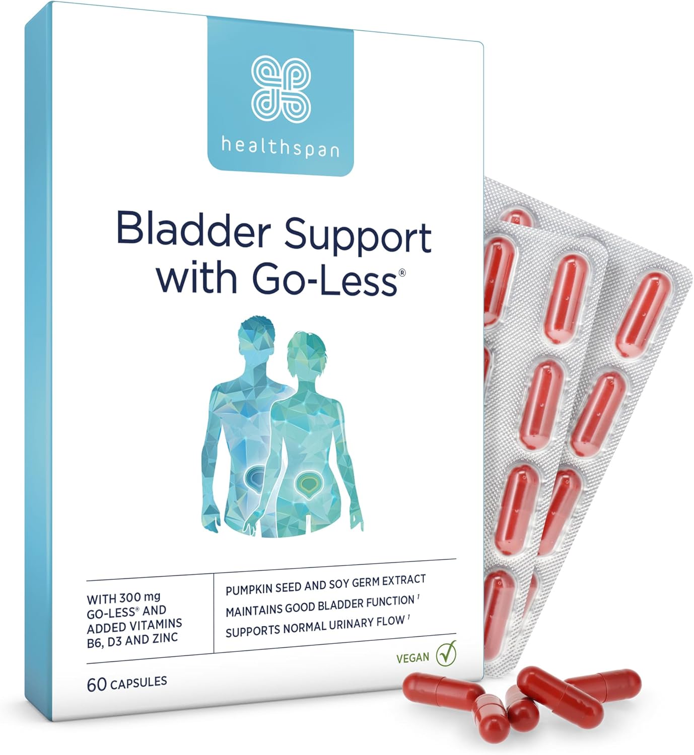 Healthspan Bladder Support with Go-Less® | for Good Bladder Health & Urinary Flow | 300mg Go-Less® | Pumpkin Seed Extract & Soy Germ Extracts | Added Vitamin B6, D3 & Zinc | Vegan (60 Capsules)