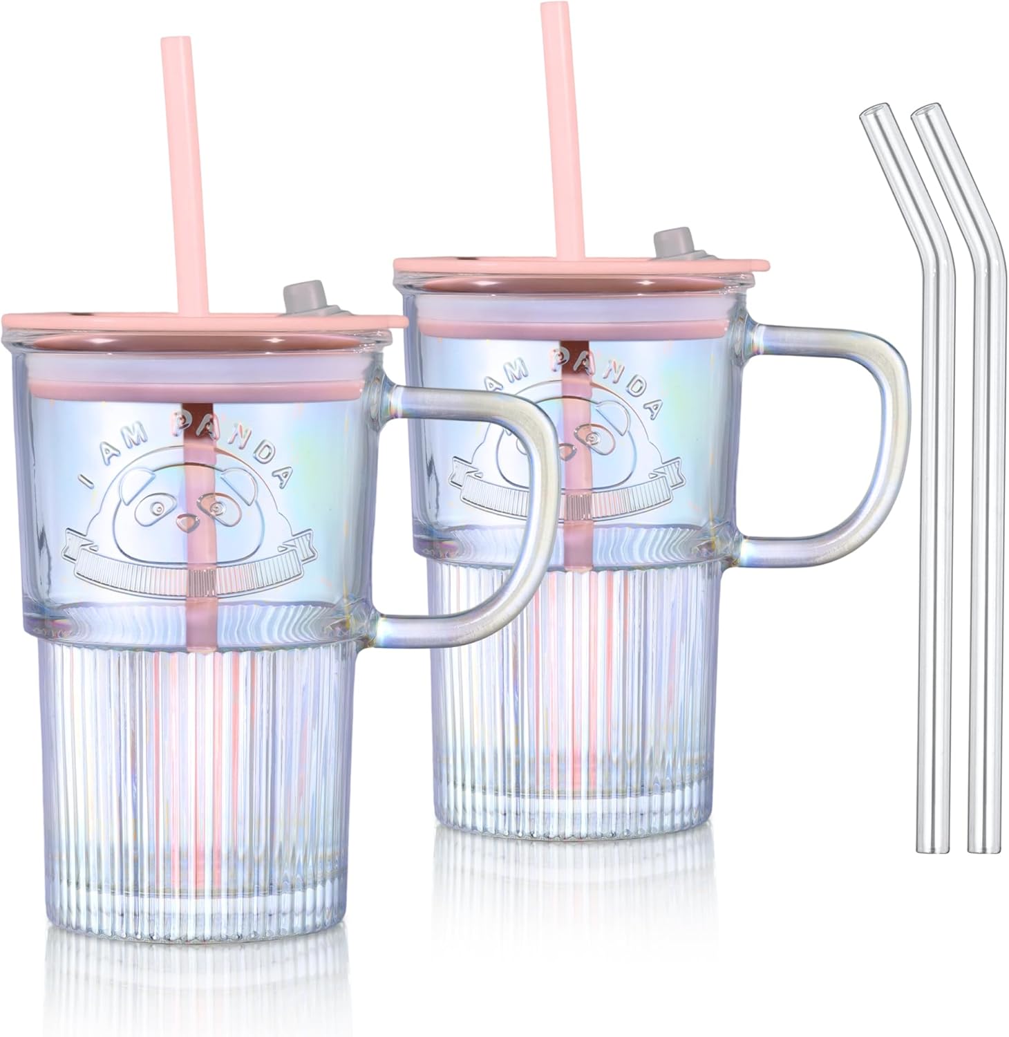 Joeyan 430ml Iridescent Glass Tumbler with Straws and Lids, Cute Glass Mug Iced Coffee Cup with Handle Set of 2, Colored Glasses Drinking Jar for Smoothie Matcha Coffee Tea Juice Beverages