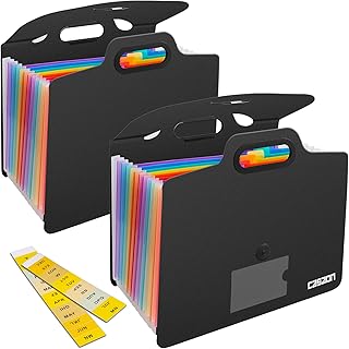 2Pack 13 Pockets Expanding File Folder with Handle, A4 Letter Size Portable Accordian File Organizer, Document Folder with Handle for School, Office, Home - Black