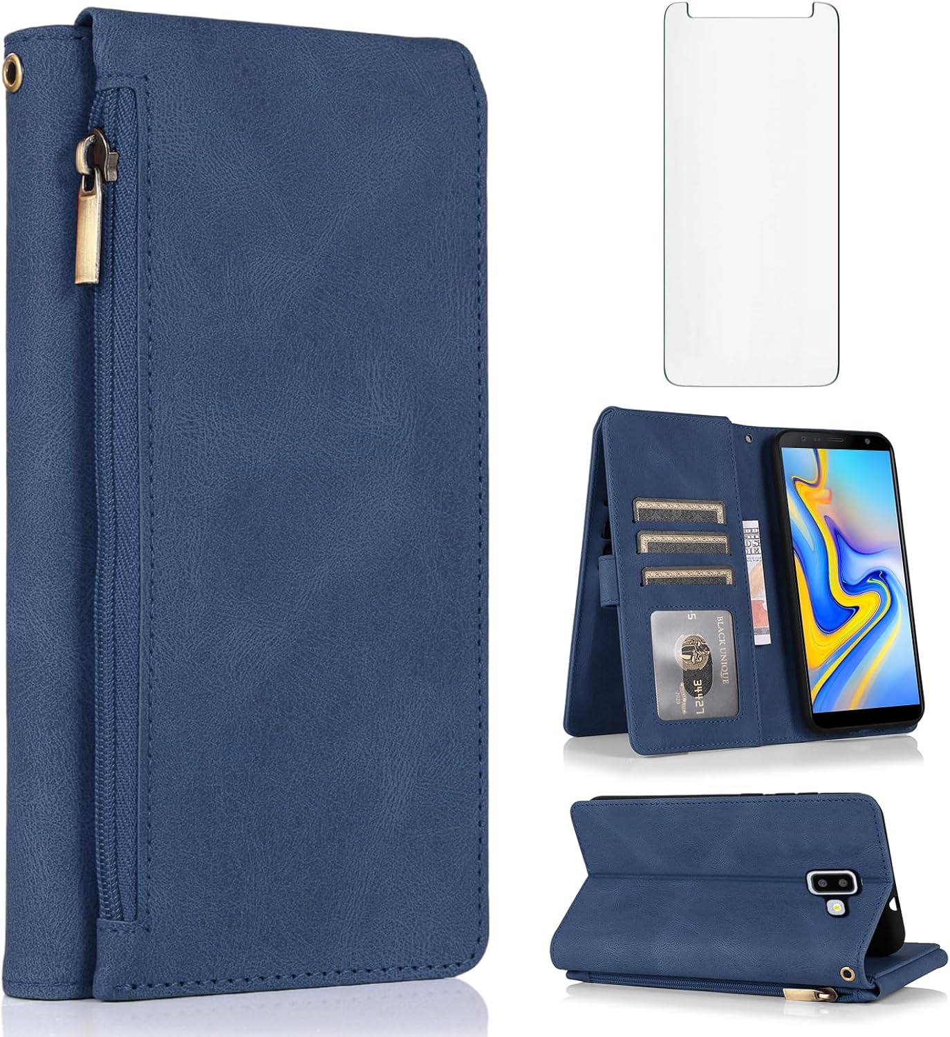 Asuwish Compatible with Samsung Galaxy J6+ Plus 2018 Wallet Case Screen Protector Zipper Retro Leather Flip Cover Card Holder Stand Cell Accessories for J6 Prime J6Plus SM-J610FN/DS Women Men Blue