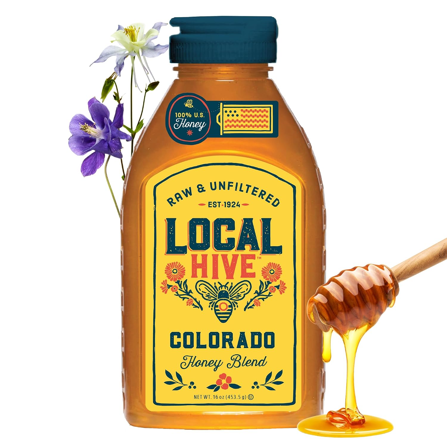Local Hive Colorado Raw Unfiltered Honey – 16 oz, 100% Pure US Honey, Sourced from American Bees and Beekeepers - Natural Sweetener, Ideal for Tea, Baking, and Cooking