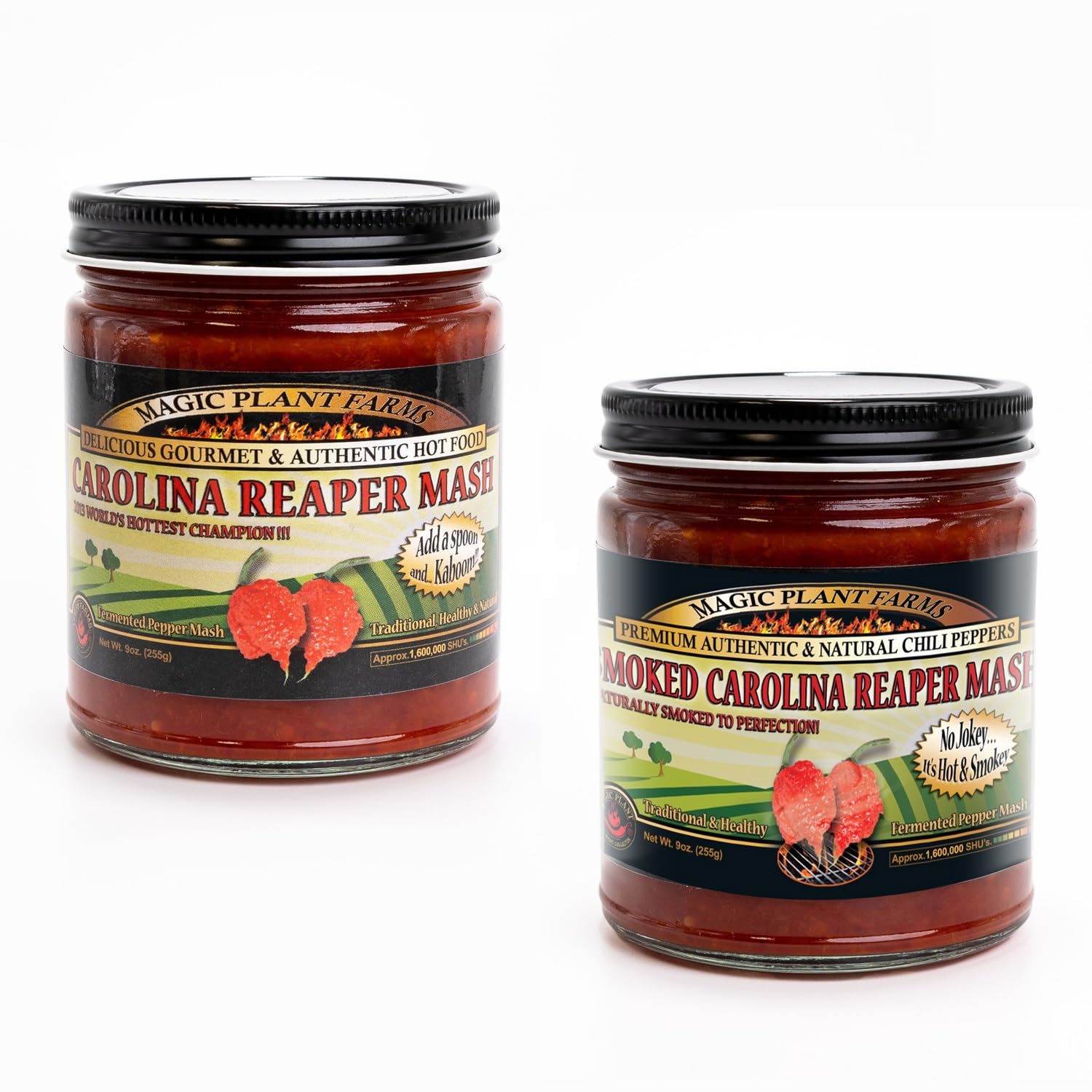 (2 Pack) of Chipotle Smoked Carolina Reaper and Red Carolina Reaper Chili Pepper Mash by Magic Plant – Great Gift of Superhot Combo – Fresh Pepper Replacement - non-GMO - Natural (9 Oz Jar of Each)