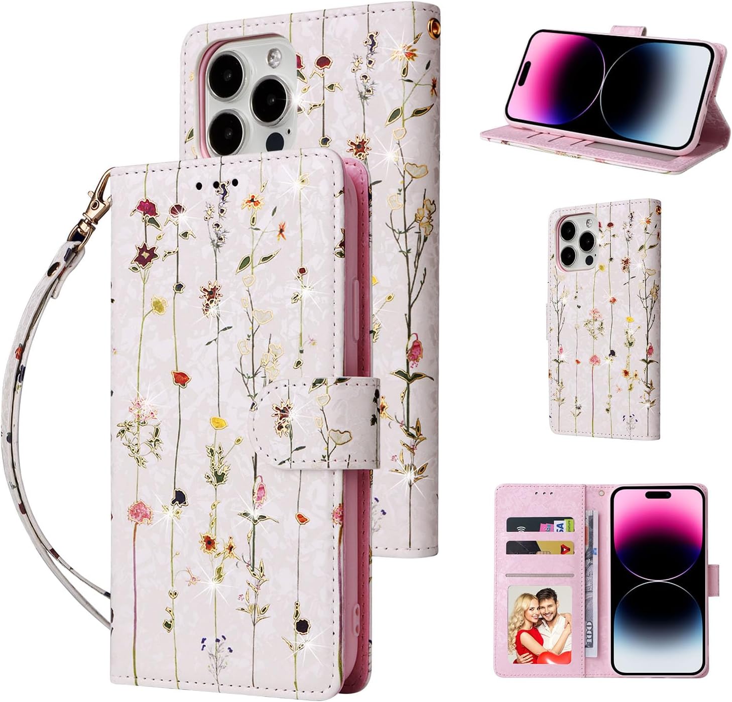 UEEBAI Wallet Case for iPhone 16 Pro 6.3", PU Leather Phone Case Kickstand RFID Blocking Flip Case Card Slots Wrist Strap Relief Engraved Pattern Magnetic Closure Folio Case - Vine