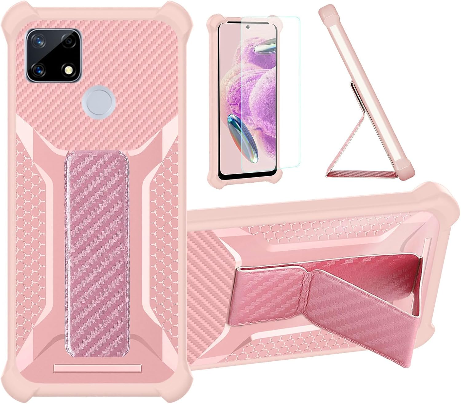 Aroepurt Case Compatible for Realme 7I Phone Case Cover [with Tempered Glass Screen Protector] Hybrid Case [Folding Support Magnetic] [Frosted anti-fingerprint] Pink