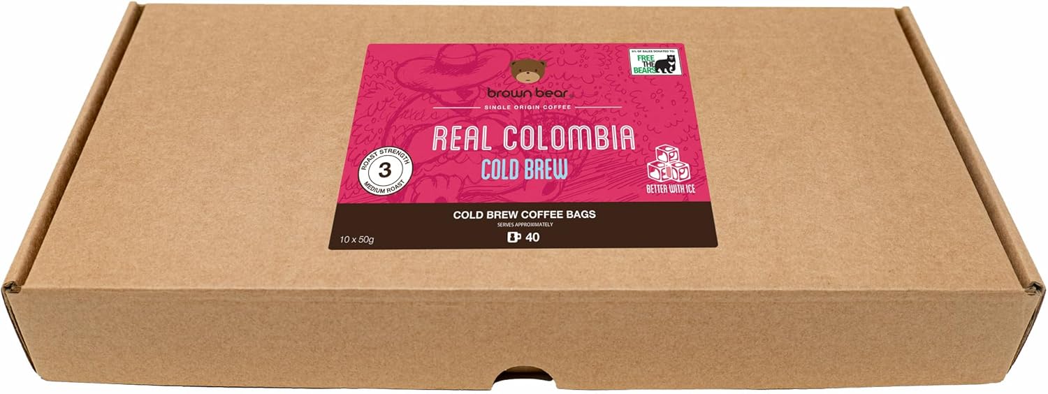 Cold Brew Coffee 500g - Colombia - 10 x 50g Single Serve Ground Coffee Bags For Iced Cold Brew Makers - 50g Makes 750ml - Brown Bear