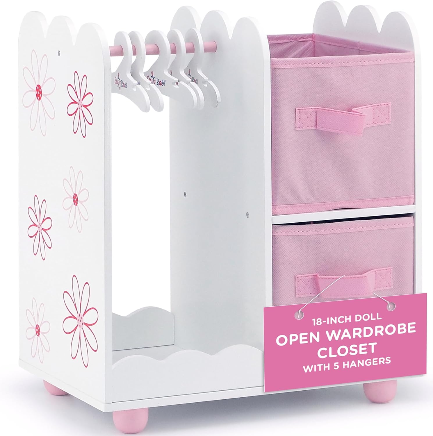 Emily Rose | USA Company |18 Inch Doll Clothes Open Closet Furniture Accessory - Wooden Doll Accessories Toy Playsets - with 5 Free Wooden 18" Doll Clothing Hangers and 2 Large Storage Bins - Floral