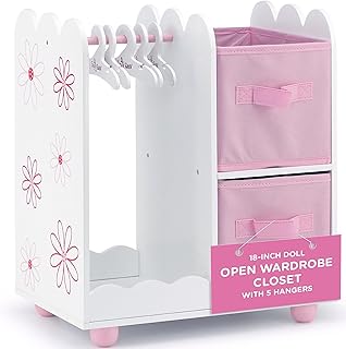 Emily Rose | USA Company |18 Inch Doll Clothes Open Closet Furniture Accessory - Wooden Doll Accessories Toy Playsets - with 5 Free Wooden 18" Doll Clothing Hangers and 2 Large Storage Bins - Floral