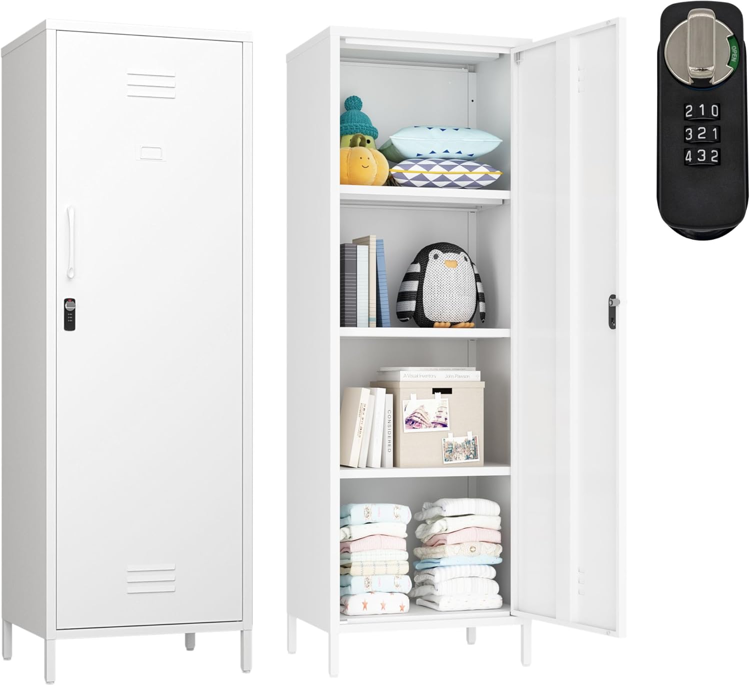 Metal Storage Cabinet, Steel File Locker with 3 Shelves 59.06-inch high for School, Living Room, Bedroom, Office (White)