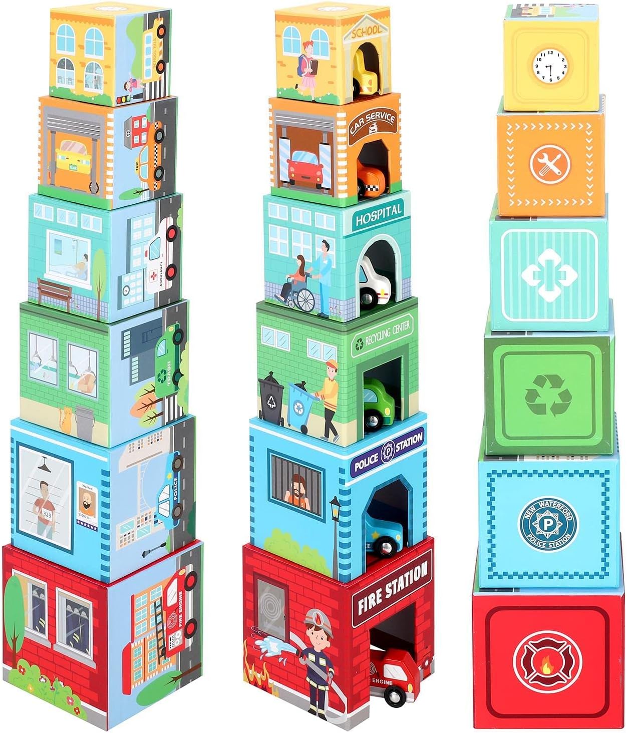 SOKA 12pcs Stacking and Sorting Cubes Wooden Balancing Buildings & Vehicles Fire Engine Police Car Ambulance Educational Blocks Toy Set Gift for Kids Children Boy Girl Ages 12 month old +