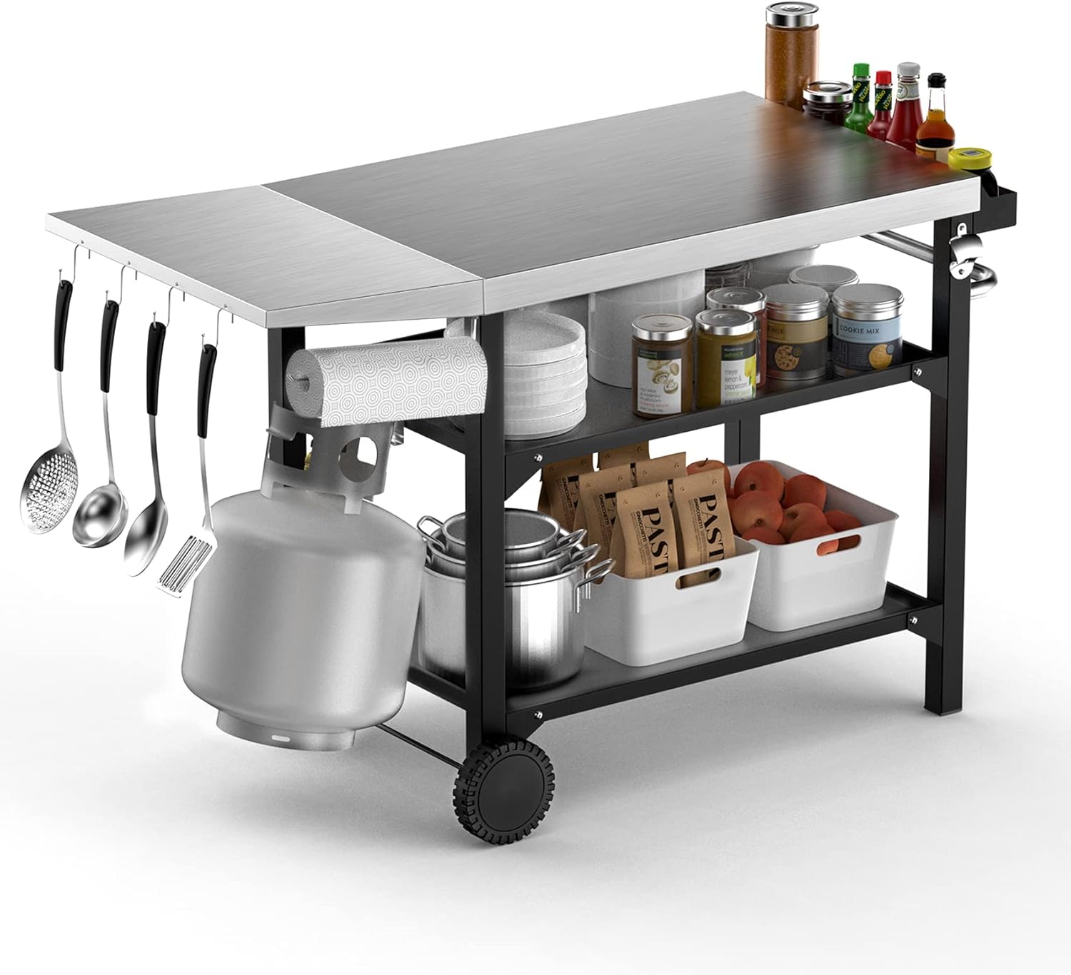 onlyfire BBQ Trolley Food Prep Table Stainless Steel, Flattop Worktable with Side table, Two-Layer Steel Storage Shelves and Utensil Holder