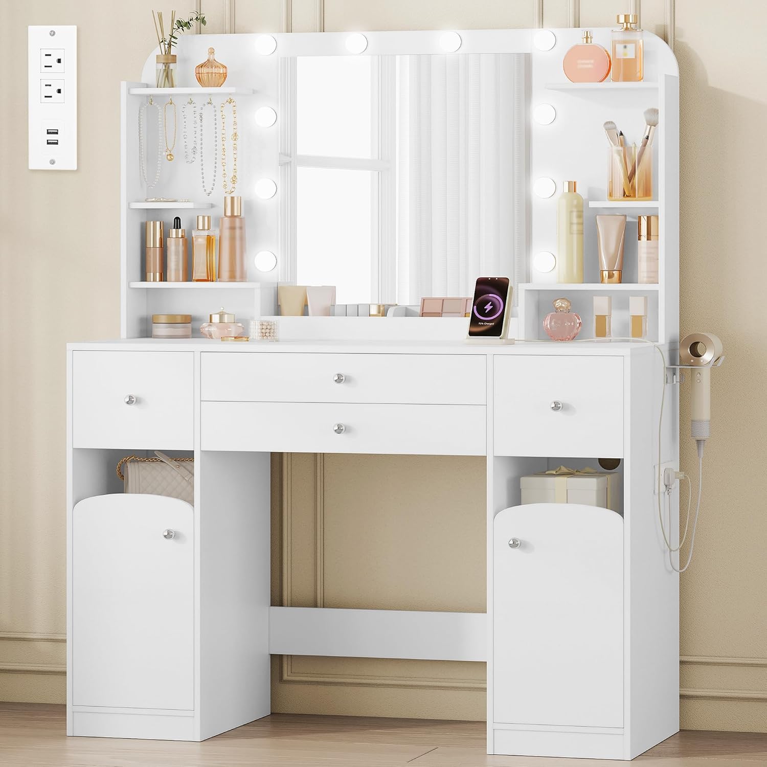 Vanity Desk with Mirror, Makeup Vanity with Led Lights,Dressing Table with Power Strip, 4 Drawers, 42.5'' Large Tabletop, 2 Open Storage Cabinets, with Jewelry Storage, White