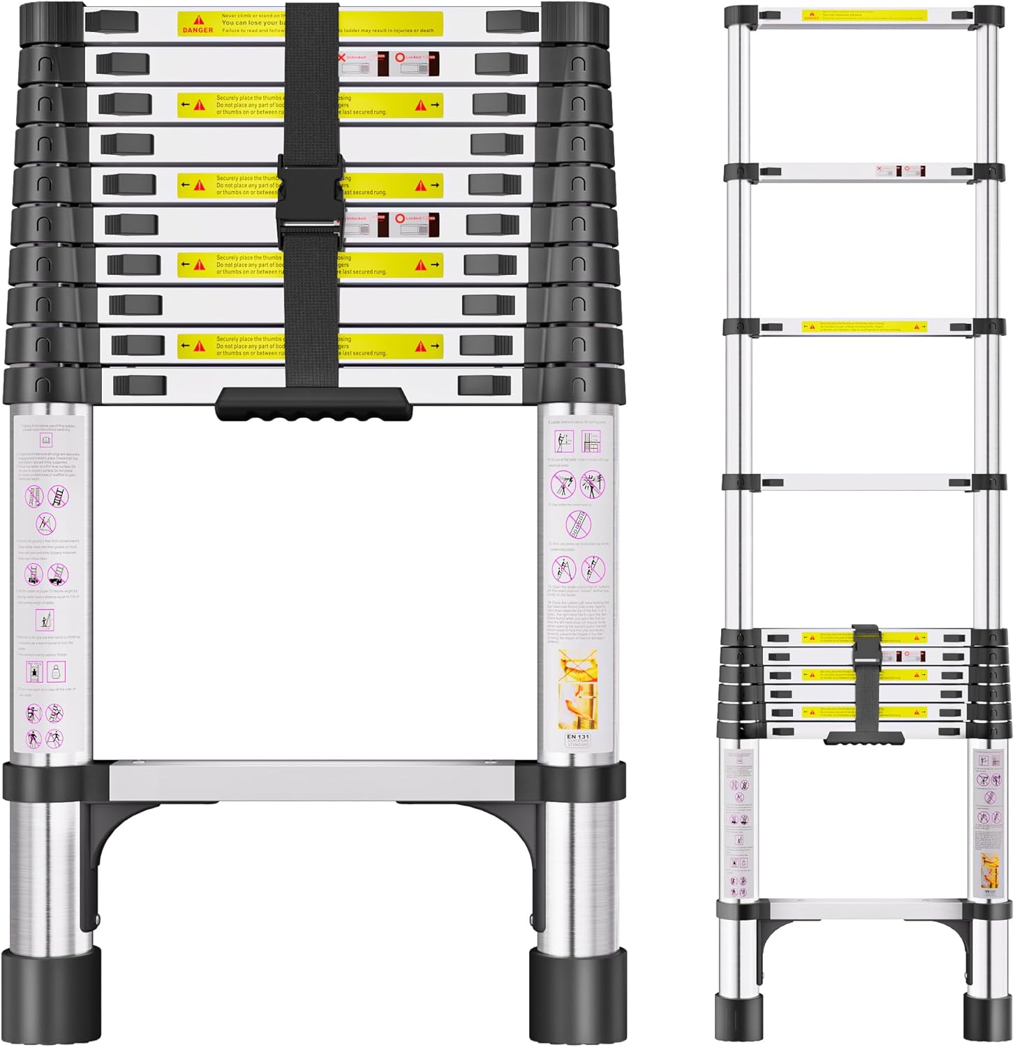 Telescopic Ladder, 3.2M Stainless Steel Thickened High-Strength Loft Ladder, Portable Ladders Extendable with Non-Slip Feet Adjustable Height for Roof Attic Caravans
