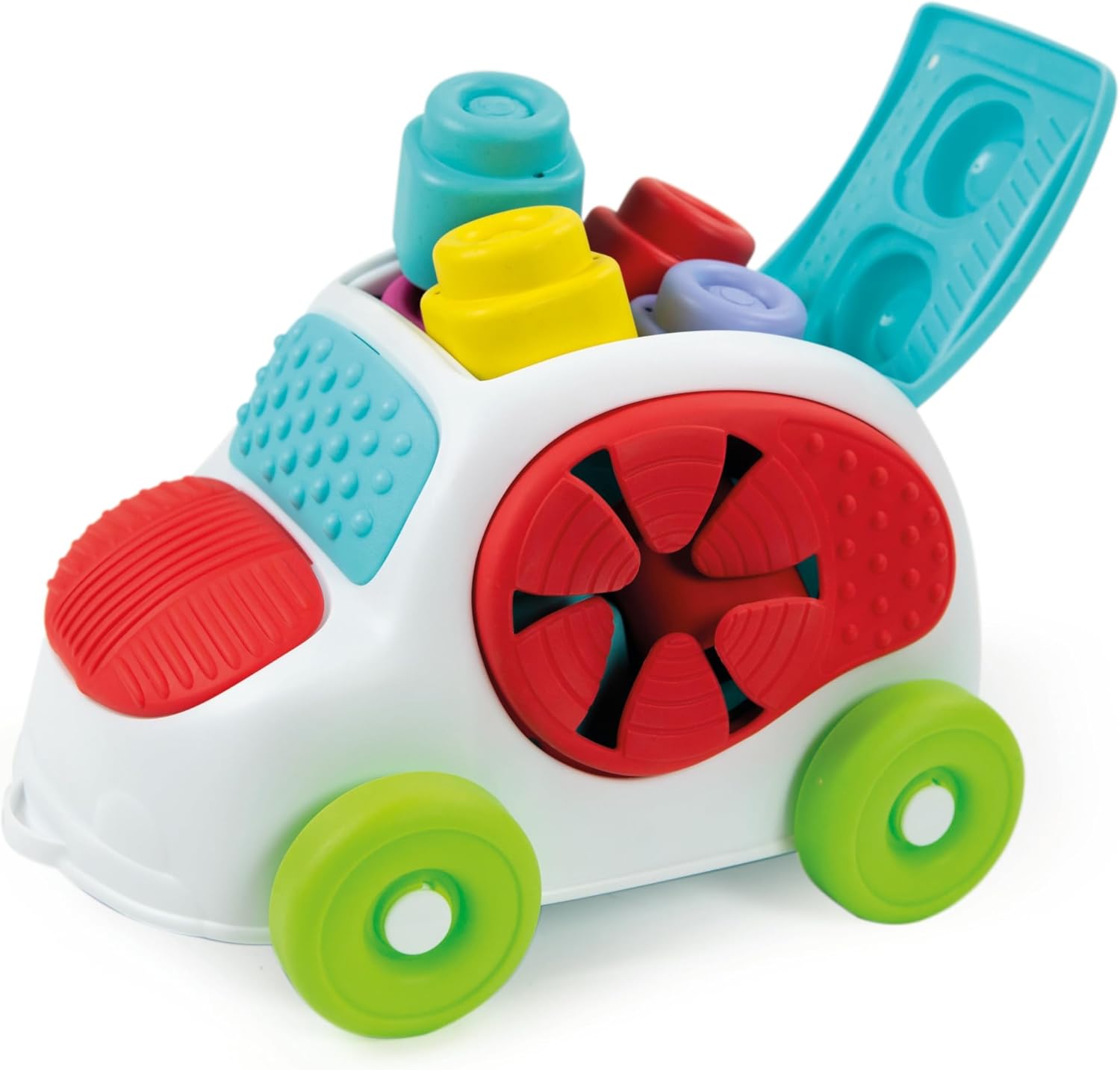 Clementoni- Soft Clemmy Sensory Car: Fun & Developmental Play for Babies & Toddlers, Stimulating Textures, Shapes & Stacking Blocks - Multicolored (6+ Months)