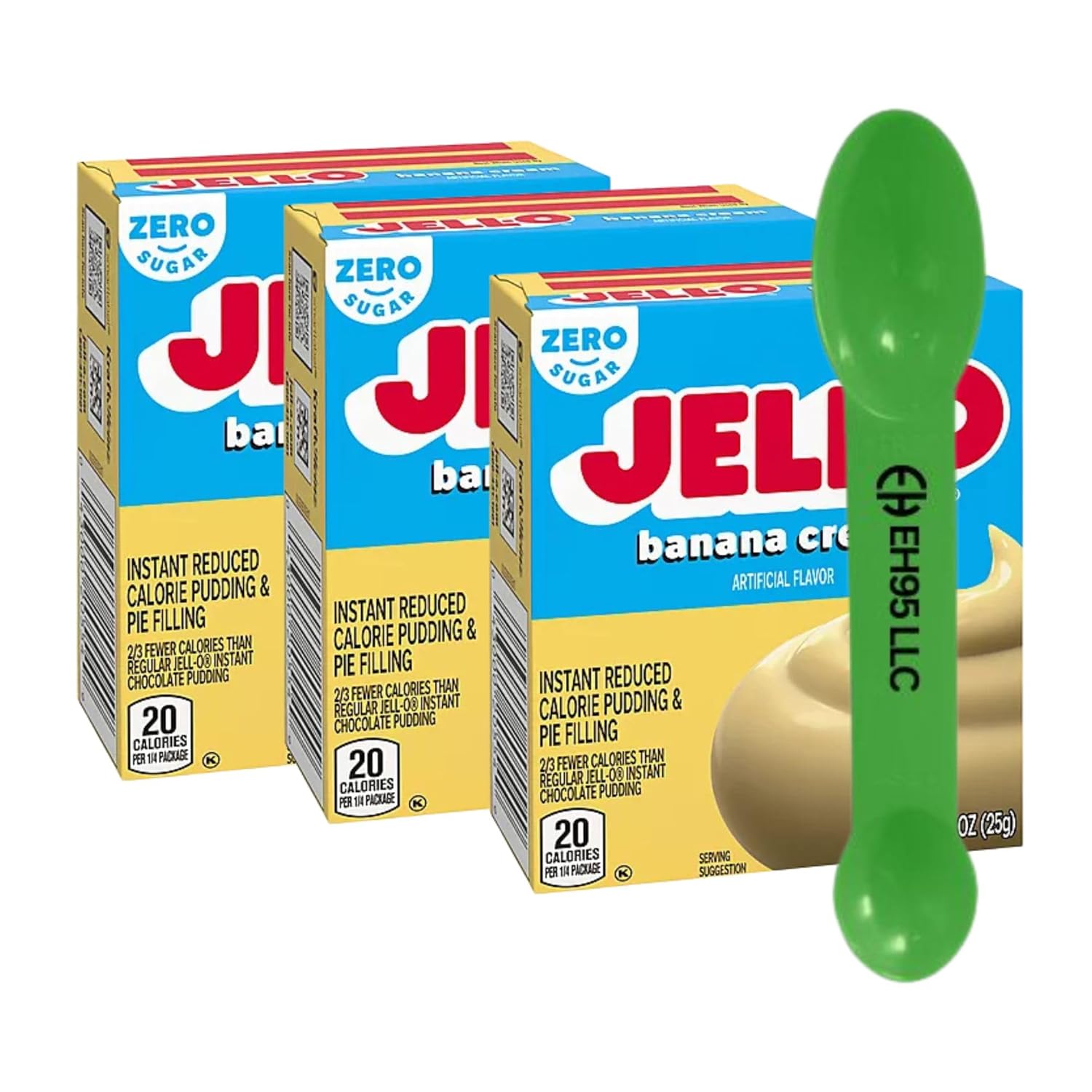(Pack of 3) Jello Banana Cream Instant Reduce Calorie Pudding & Pie Filling Mix 0.9 oz - 2 in 1 Measuring Spoon Included
