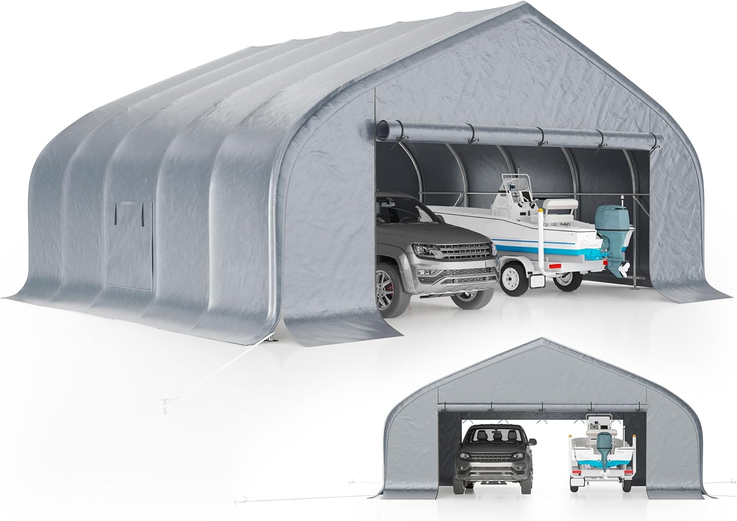 AMERLIFE 22.5 x 20FT Heavy Duty Double Carport, Galvanized Steel Frame Garage Shelter,Outdoor Storage, Waterproof 3-Layer PE Cover, Fits 2 Cars, Boat, Farm Equipment, Silver Gray
