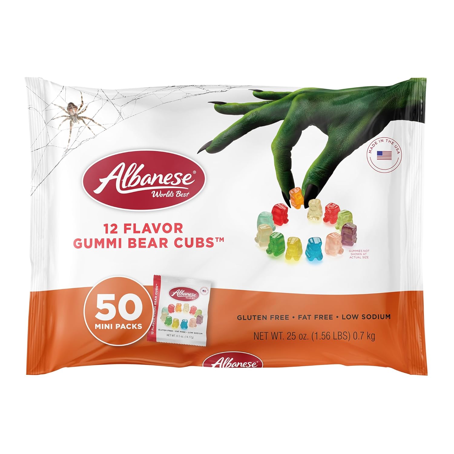 Albanese World's Best, Halloween 12 Flavor Gummi Bear Cubs®, 50-0.5oz Trick or Treat Bags of Halloween Candy