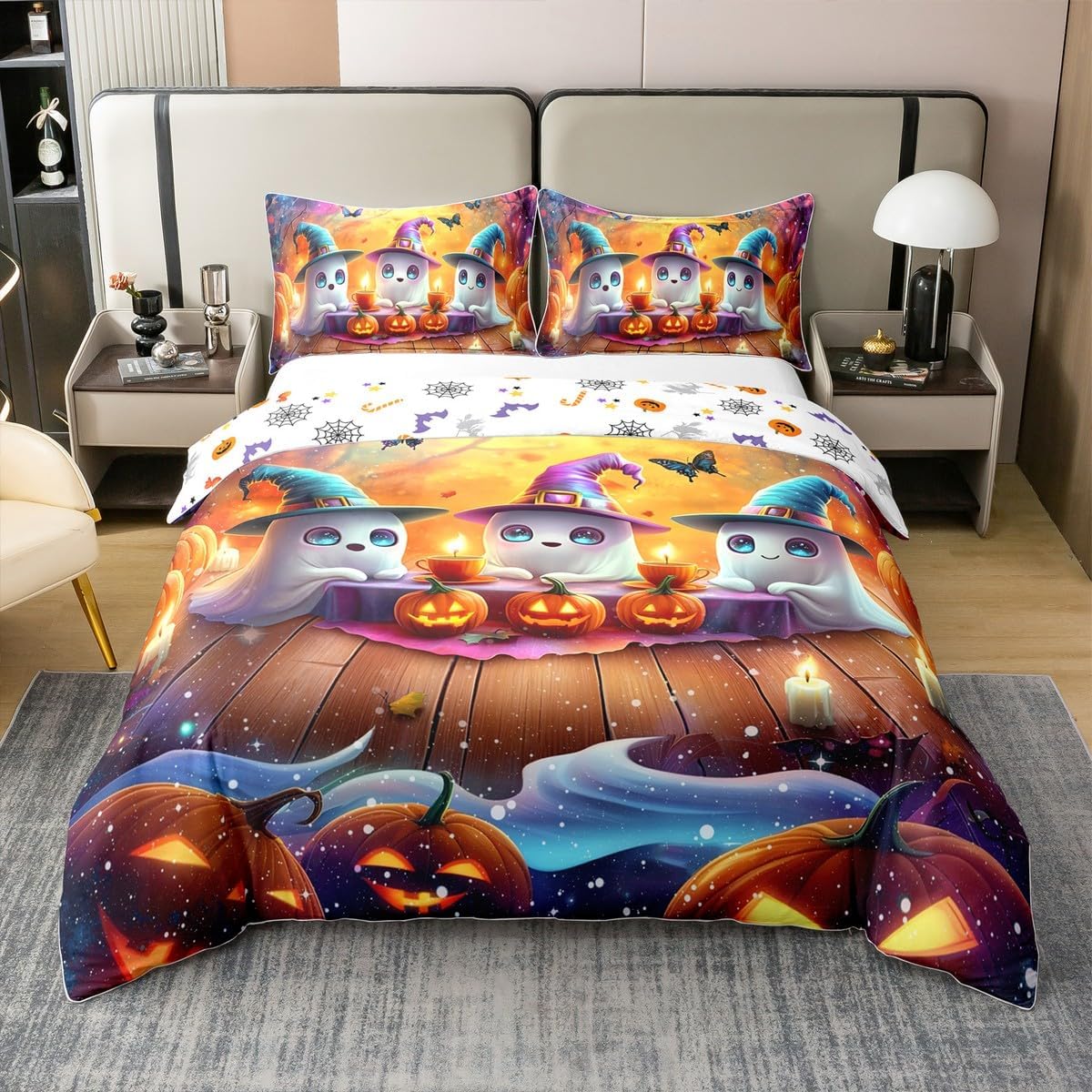 Manfei Cute Ghost Duvet Cover Set 100% Cotton Super King Size Pumpkin Lantern Comforter Cover with 2 Pillowcases Happy Halloween Bedding Set for Bedroom Dcor,No Comforter