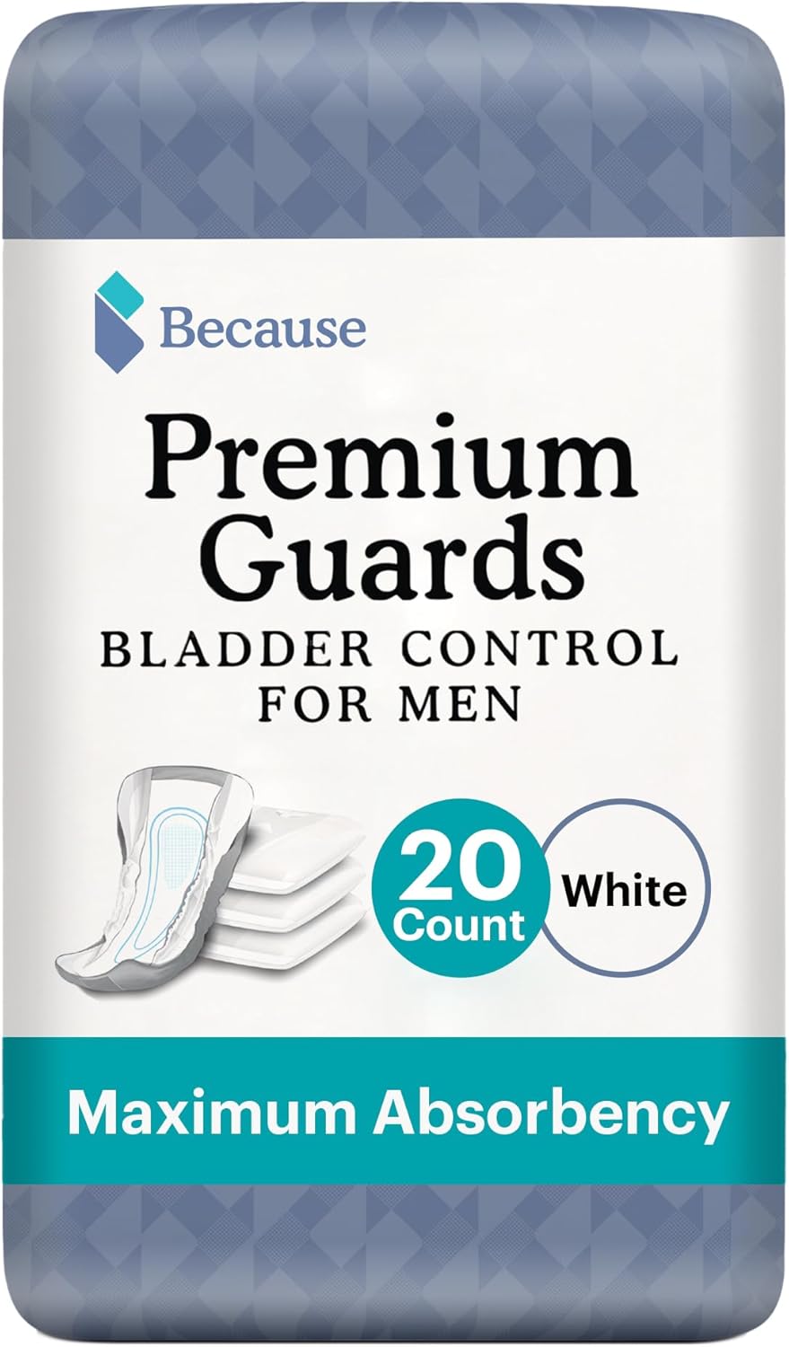 Because Premium Guards for Men - 20 Count Pack of Discreet, Individually Wrapped Bladder Protectors - Complete Absorbency, Fast-Locking, Odor Control - Comfort Fit, 2 Cups of Absorbency
