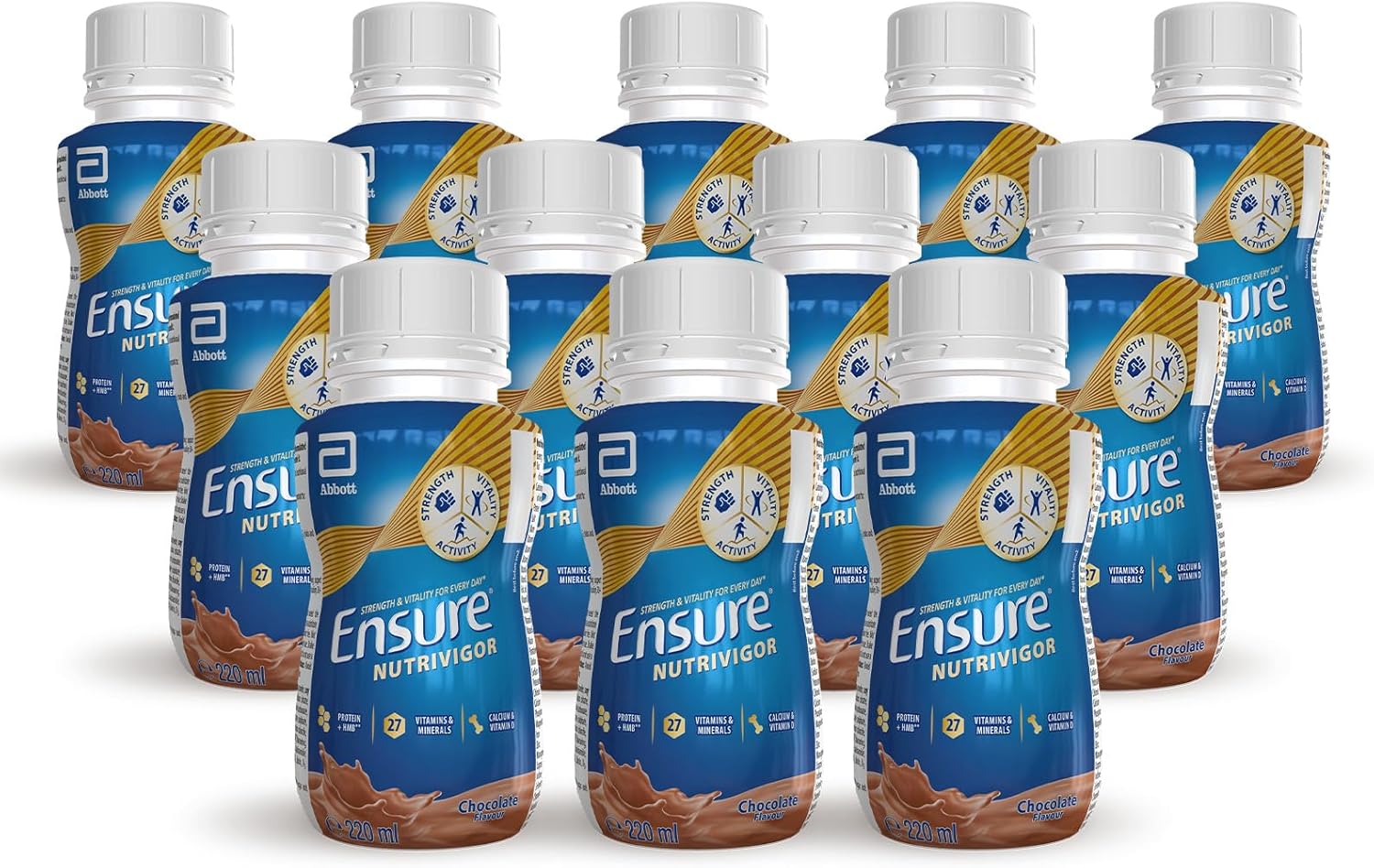 Ensure NutriVigor Nutritional Shake – Chocolate Flavour – 12 x 220ml – Boosts Energy – Ready-to-Drink – Food Supplement with Protein, HMB and27 Vitamins and Minerals