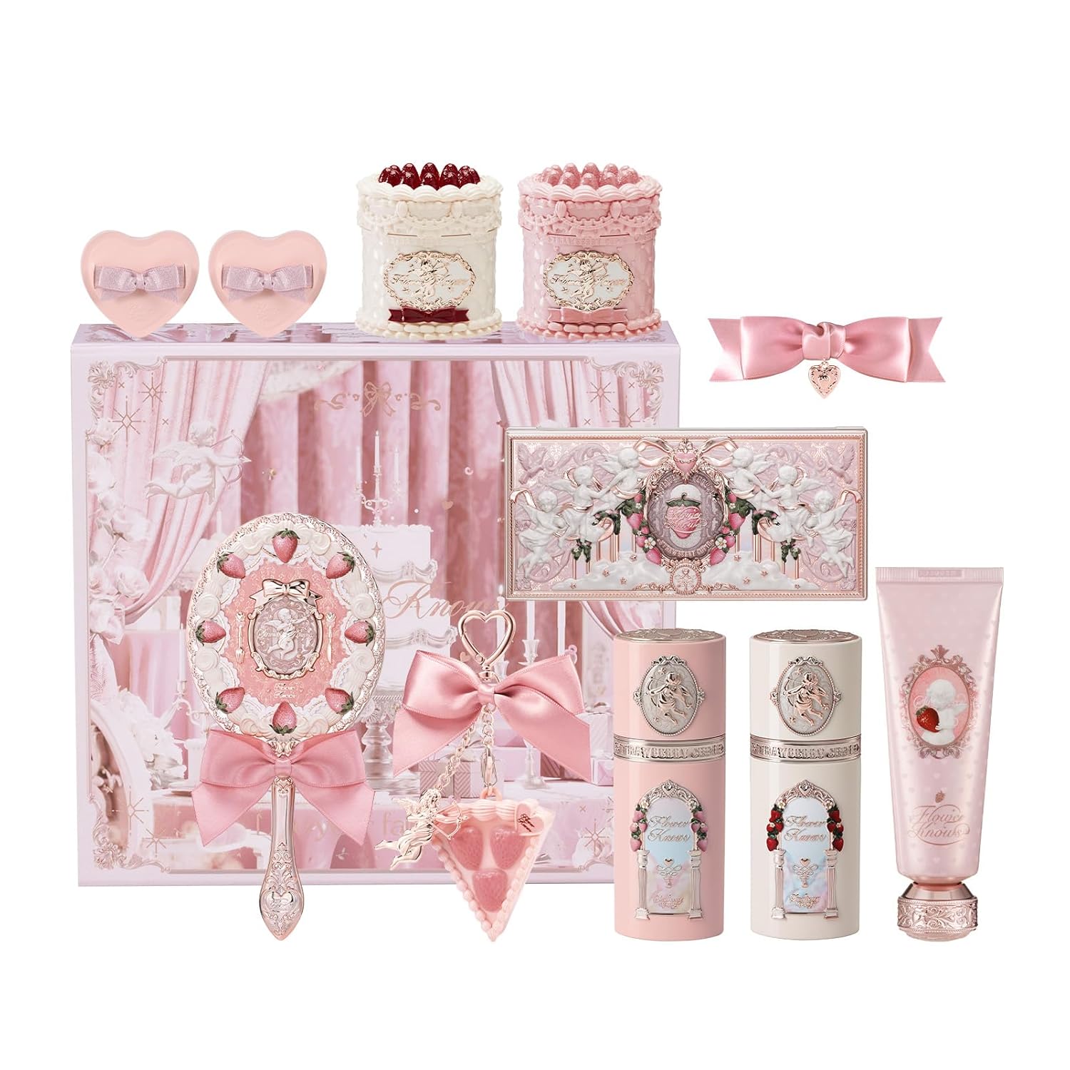Flower Knows Cake Charm Set,Strawberry Cupid 12-Piece Makeup Gift Box Set,Lip Cream+Liquid Blush+Makeup Palette+Hand Mirror+Solid Perfume+Hair Clip+Cushion Powder Puff+Eyeshadow Brush+Gift Box