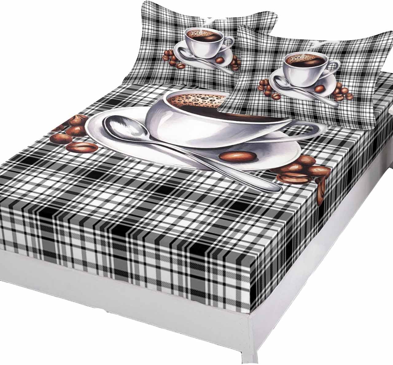 Fitted Sheets Elastic Deep Pocket Bed Sheet Cal King, Watercolor Coffee Cup on Buffalo Plaid Soft Bed Sheets Set,Farm Tartan Lattice Mattress Cover Up Hotel Luxury Fitted Sheet Pillowcase for Bedroom