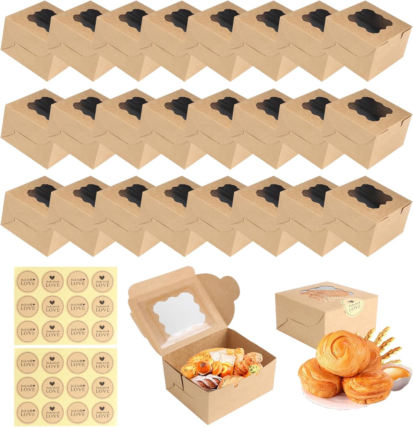 24PCS Cardboard Cake Boxes, 4 inch Cupcake Boxes with Windows and 24 Stickers Paper Bakery Cake Box for Cupcakes Desserts Pastries Cookies Candy Pies Muffin Bakery Macaron Gifts (Brown)
