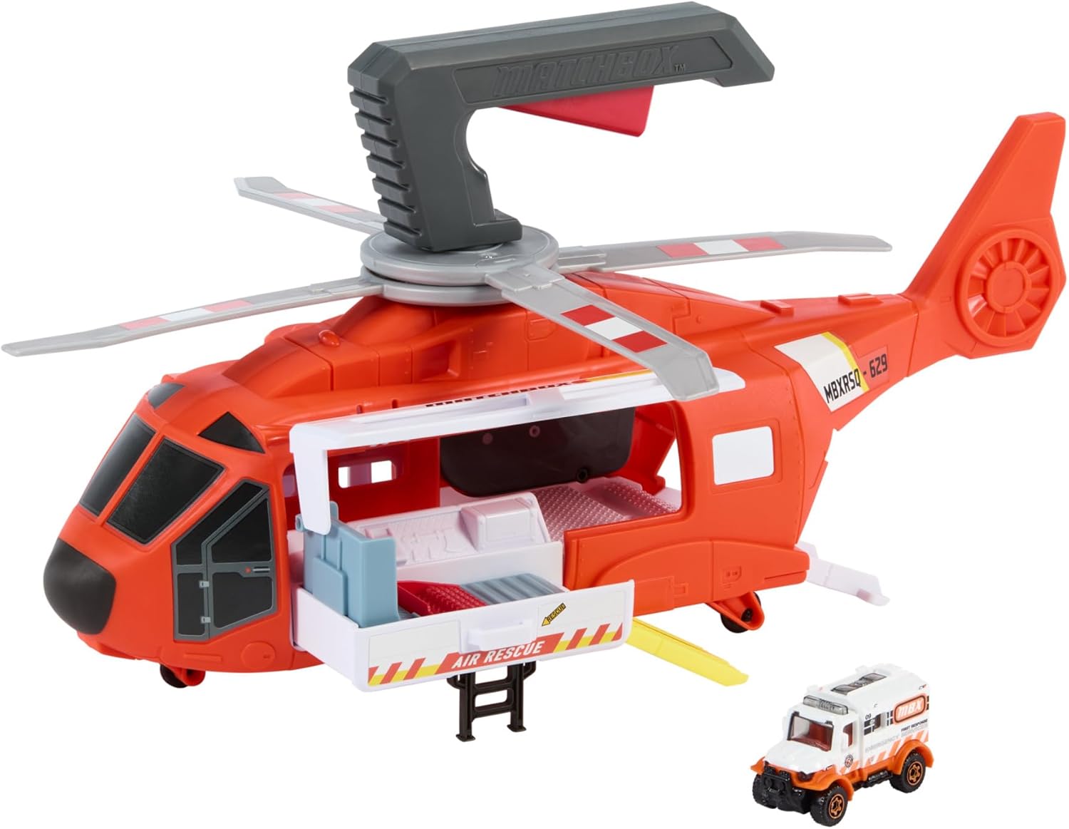 Matchbox Toy Car & Playset, 16-In Large-Scale Helicopter Transforms into Rescue Station, Kid-Powered Propeller, With 1:64 Scale Die-Cast Ambulance, HXM74