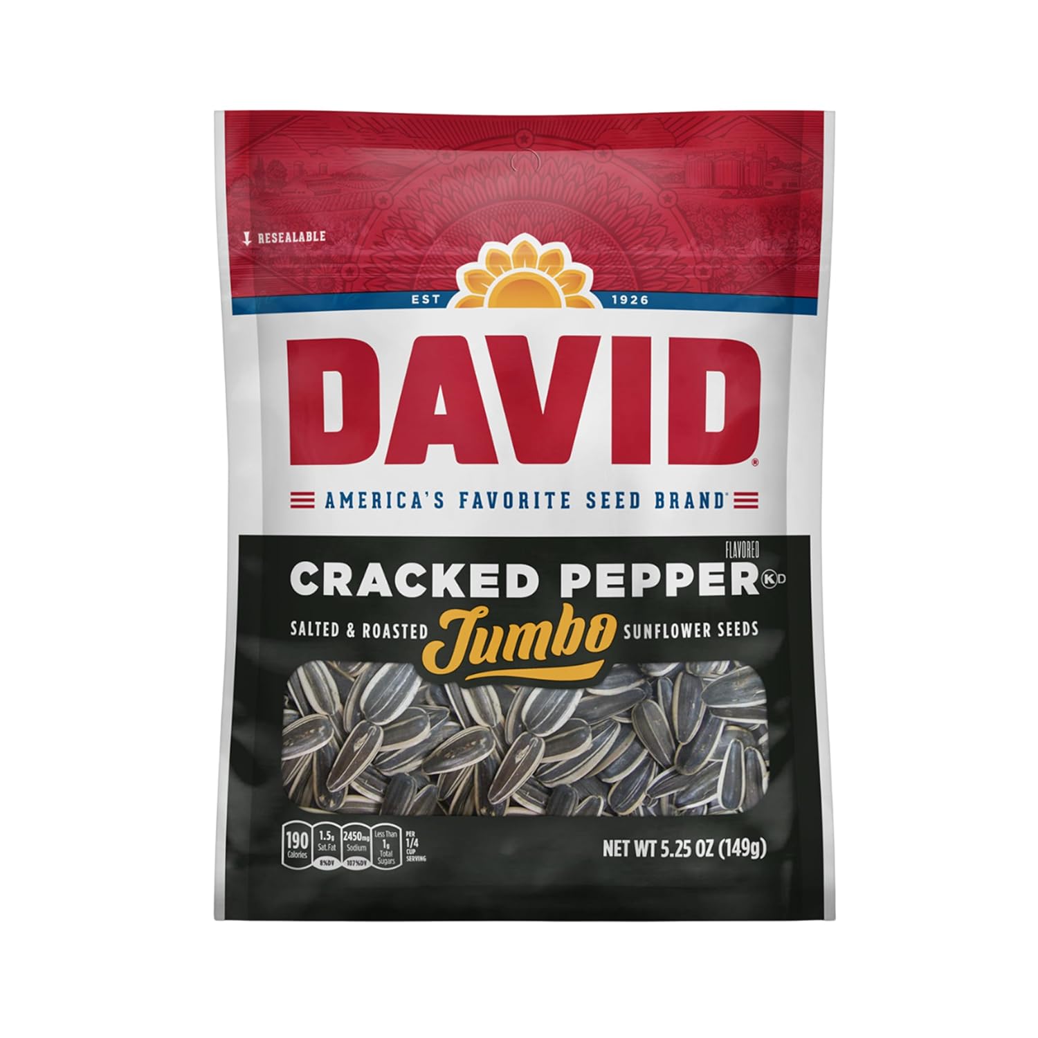 DAVID Roasted and Salted Jumbo Sunflower Seeds, Cracked Pepper Flavor, 5.25oz.