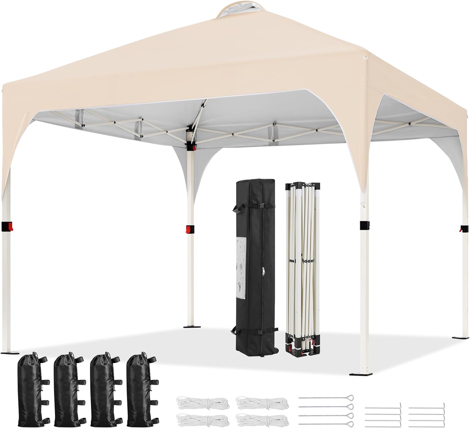 Yaheetech Pop Up Gazebo, 3x3m Garden Instant Shelter Waterproof Garden Patio Canopy with 4 Sandbags, 4 Ropes & 12 Stakes, Wheeled Bag, Metal Frame, Adjustable Height, Top Air Vent, Beige