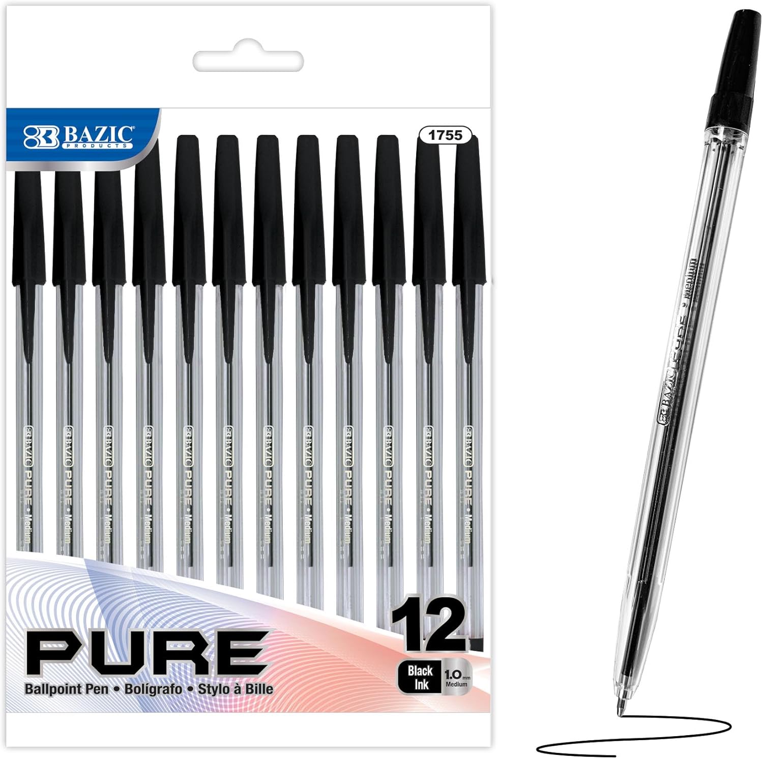 BAZIC Ballpoint Pen Pure Black Color Stick Pens, 1.0 mm Bold Point Smooth Writing, for Office School Teacher (12/Pack), 1-Pack