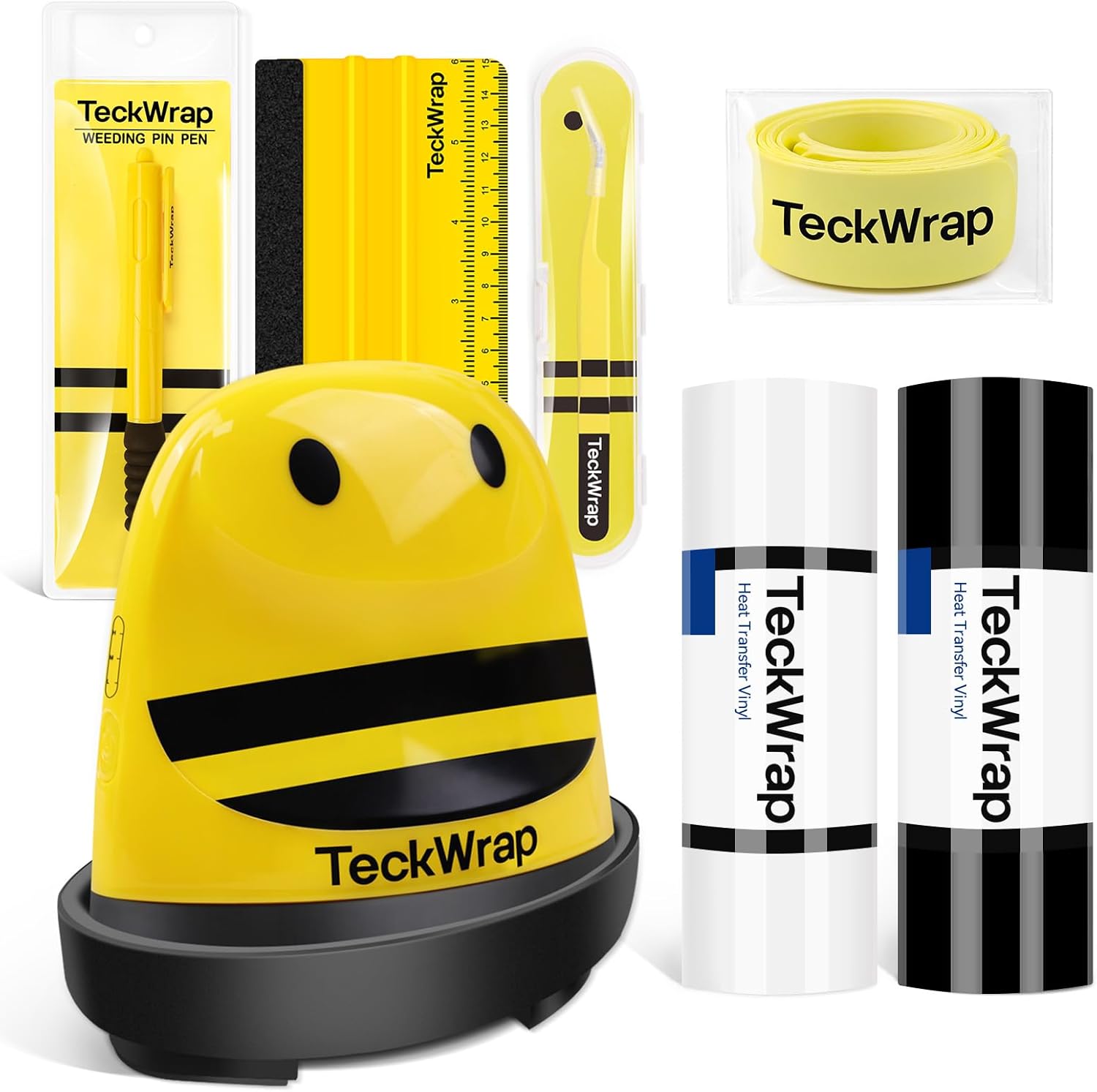 TECKWRAP Mini Heat Press Machine Kit for Vinyl Crafting - Black & White HTV Vinyl Rolls, Squeegee, Tweezers, Removal Pen, Slap Bracelets - Complete DIY HTV Tools for T-Shirts, Hats, Bag