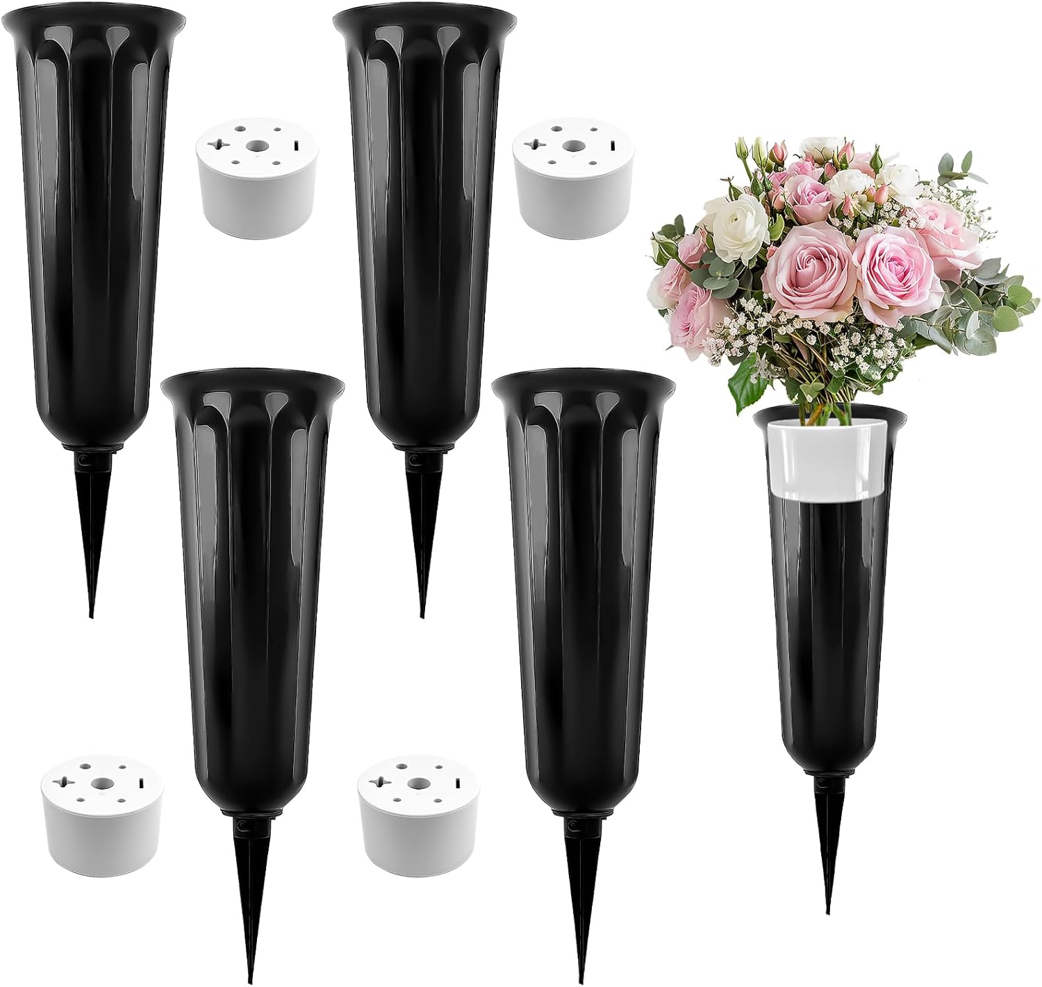 TOPBELIEF 4Pcs Grave Vases with Spike, Cemetery Vases, Graveside Flowers Holder, Cemetery Flower Pots for Grave, Lawn, Yard, Garden Decoration (Black)