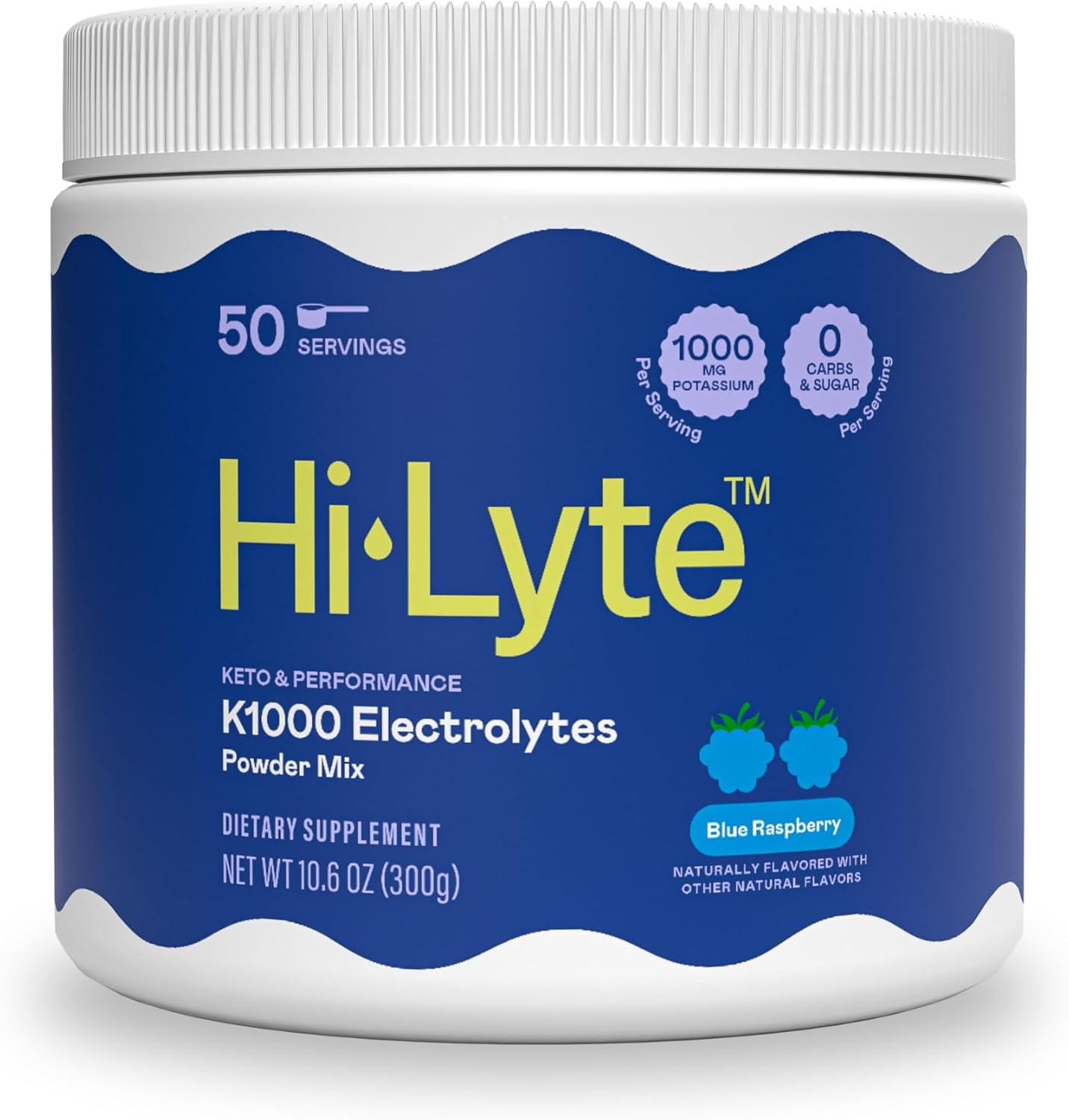 Hi-Lyte K1000 Blue Raspberry Electrolytes Powder, 50 Servings - 1000mg Potassium + Magnesium, Sodium, Trace Minerals - 0 Carbs, 0 Sugar