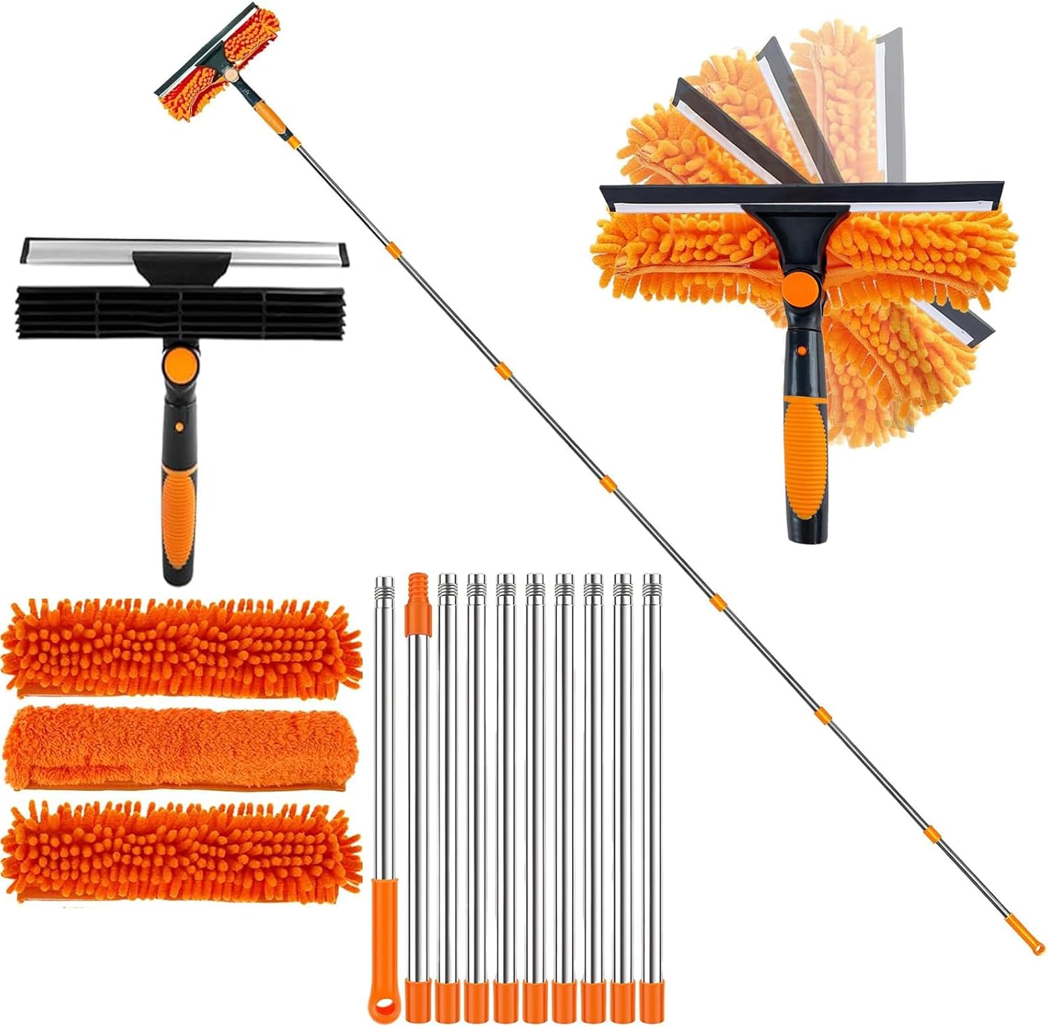 Window Cleaning Equipment, 4.5m Telescopic Window Squeegee Glass Cleaner with Silicone Squeegee Scrubber Tool Professional Cleaner Kit for Indoor/Outdoor High Window Car Home