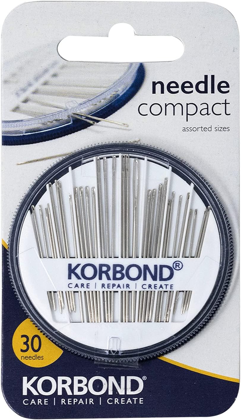 Korbond 30 Piece Needle Compact by Korbond – Needle Assortment for a Multitude of Hand Sewing, Betweens Tapestry & Darning Needles, White|blue|grey