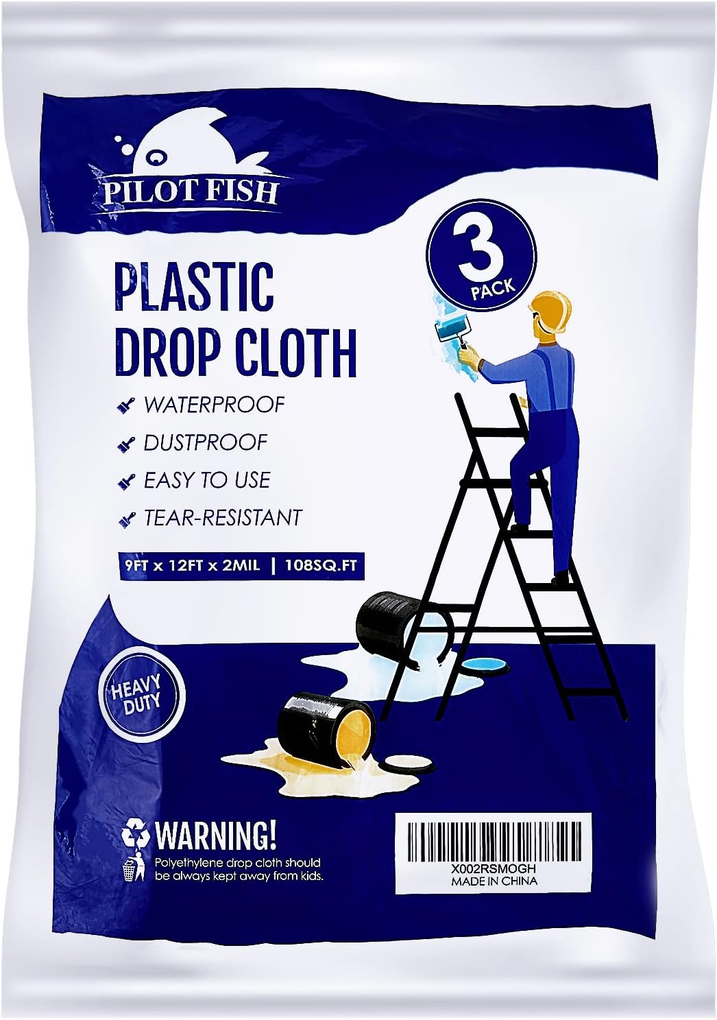 PILOT FISH 2 Mil Plastic Drop Cloth for Painting, Plastic Sheeting 3 Pack 9x12 Feet Waterproof Drop Cloth Heavy Duty Thick Traps Clear Cloth for Furniture Cover, Dustproof Tear Resistance Couch Cover