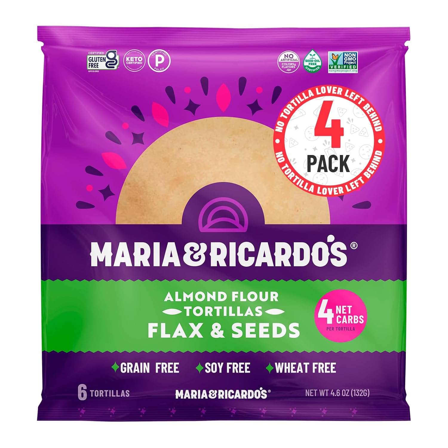 Maria & Ricardo's KETO Tortillas | Almond Flax & Seeds | Low Carb | Grain Free | Paleo | Non GMO | Vegan | Gluten Free | KETO Certified Tortilla Wraps. (4 Pack, 6 Tortillas per Pack)