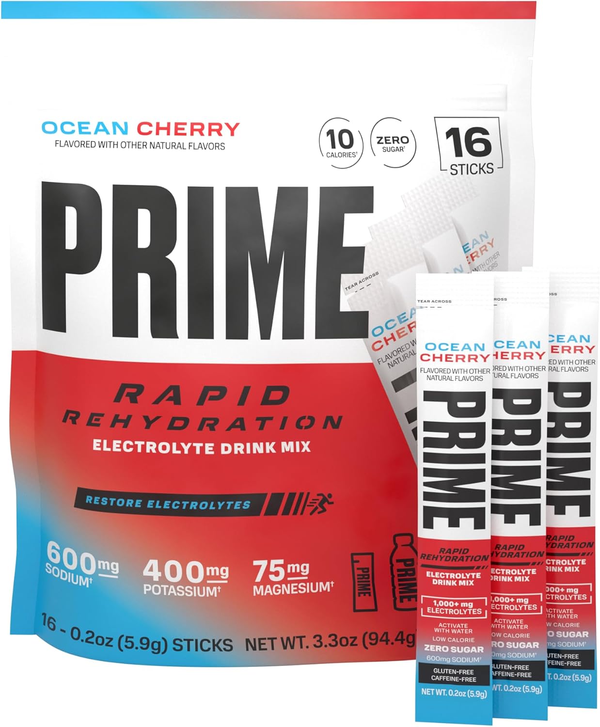 Prime Rapid Rehydration Electrolyte Powder Sticks, Ocean Cherry, Sugar Free Hydration Drink Mix with Sodium, Potassium & B Vitamins, Caffeine Free, 16 Count