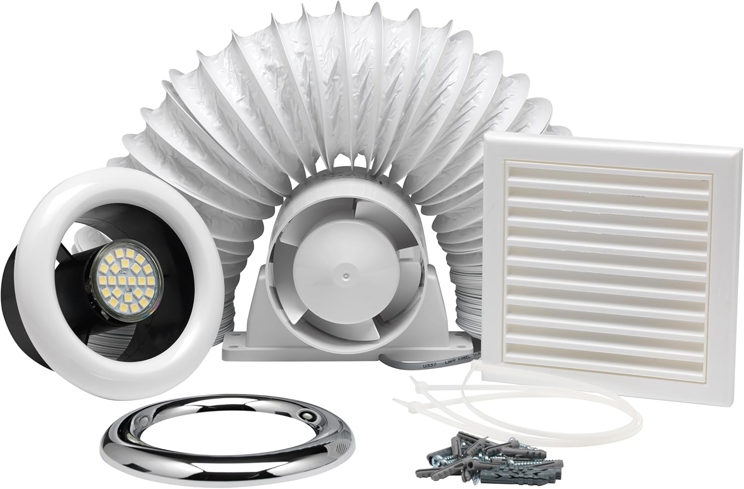 Xpelair Airline All100 4"/100mm Inline Axial Extractor Fan with LED Light for Bathrooms and Shower Rooms, Complete with Loft Fitting Kit and SELV transformer, White