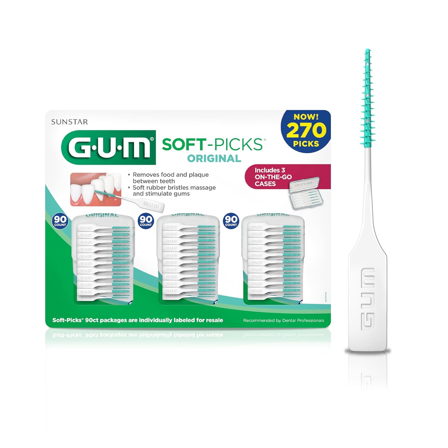 GUM Soft-Picks Original, Easy to Use Dental Picks for Teeth Cleaning and Gum Health, Disposable Interdental Brushes with Convenient Carry Case, Dentist Recommended Dental Picks, 270ct
