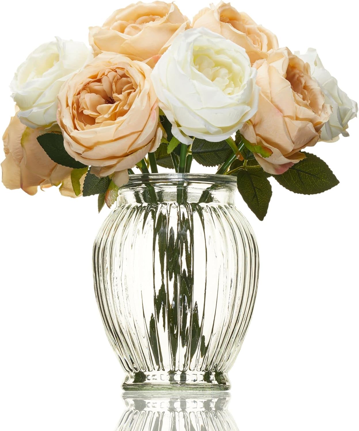 Wrenbury Ribbed Glass Vase for Flowers Large - Clear Glass 18cm - Tulip Vase for Roses, Bud, Daffodils or Peony - Big Wide Round Mouth for Posy for Mum