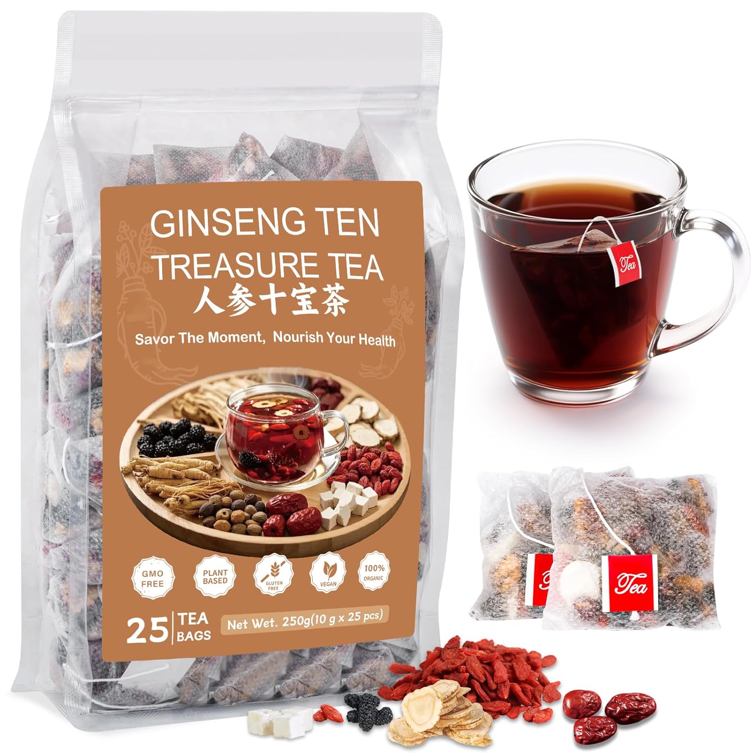 Ginseng Ten Treasure Tea, Natural Chinese Herbal Kidney Cleanse Detox Tea Support Liver & Kidneys Health for Men Women, No Additives, Caffeine Free, 10 Premium Ingredients Blend (25 Bags/1 Pack)