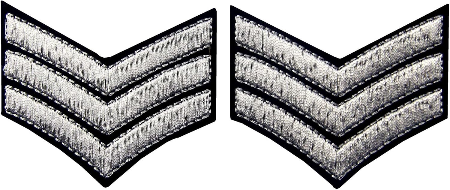 Millitary Uniform Chevrons Sergeant Stripes Army Embroidered Arms Emblem Iron On Sew On Shoulder Patch, Silver, 2 Pcs