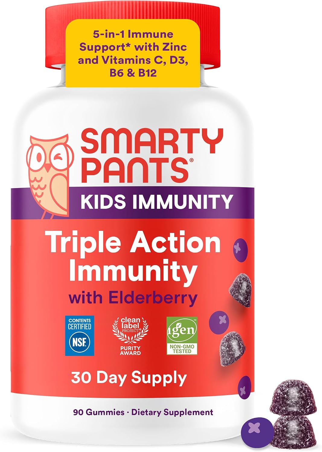 SmartyPants Kid Triple Action Immunity Elderberry Gummies, Vitamin D, 60 Ct
