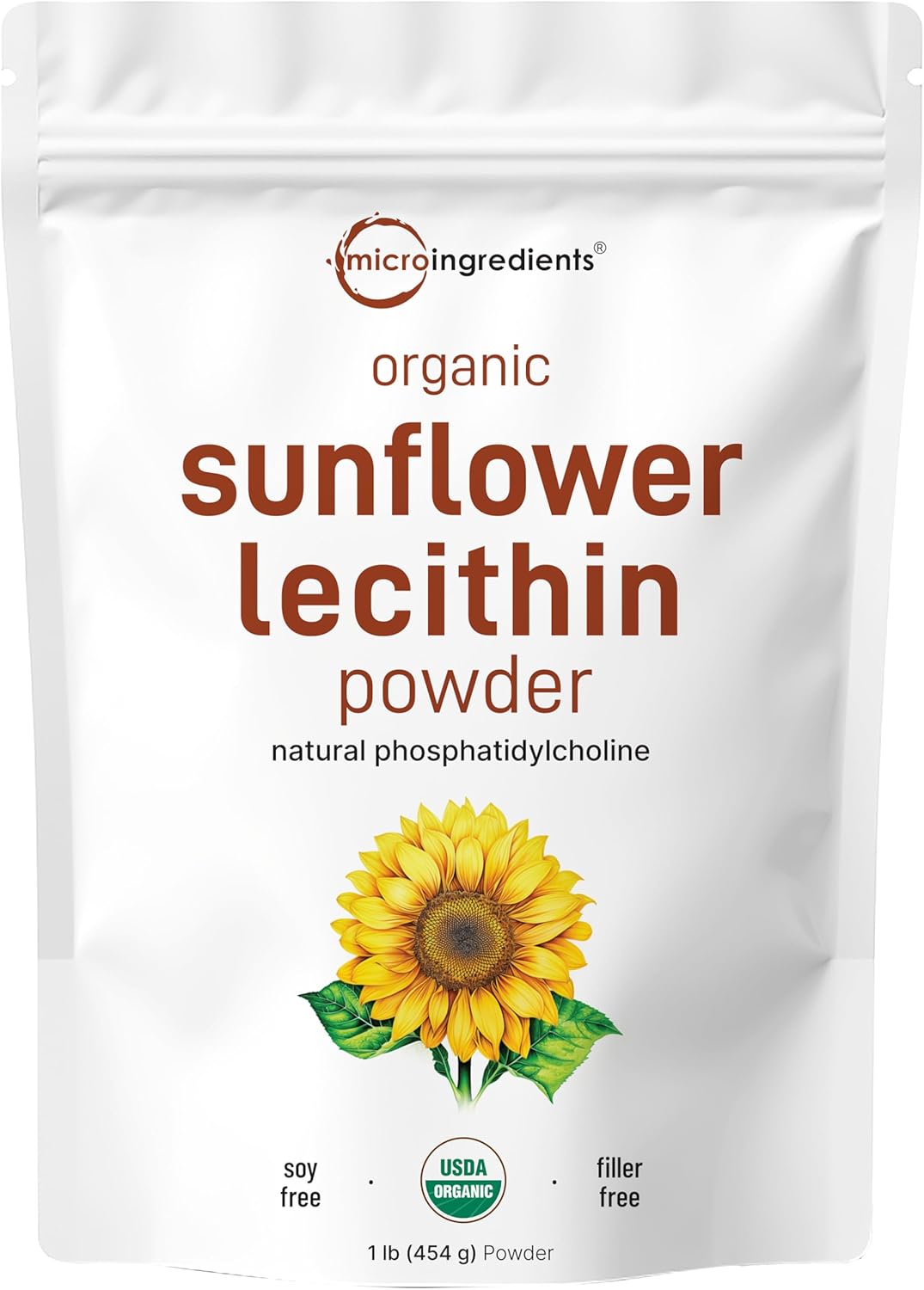 Micro Ingredients Organic Sunflower Lecithin Powder, 1 Pound, Sustainable Farmed, Cold Pressed, Rich in Phosphatidyl Choline and Protein, Making Liposomal Vitamin C, Lactation Supplement, Non-GMO