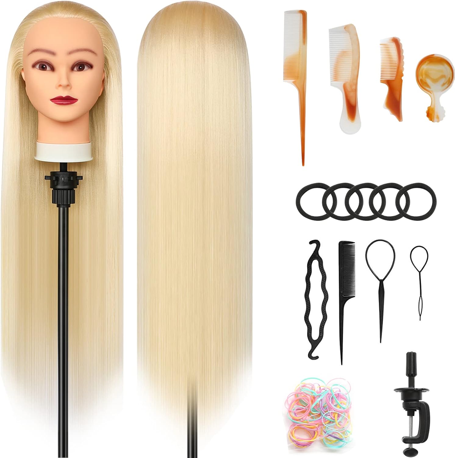 Styling Head 28 inch Training Head 100% Synthetic Fibres Hairdressing Head Hairdresser Training Heads with Free Clamp and DIY Braiding Set (Blonde)