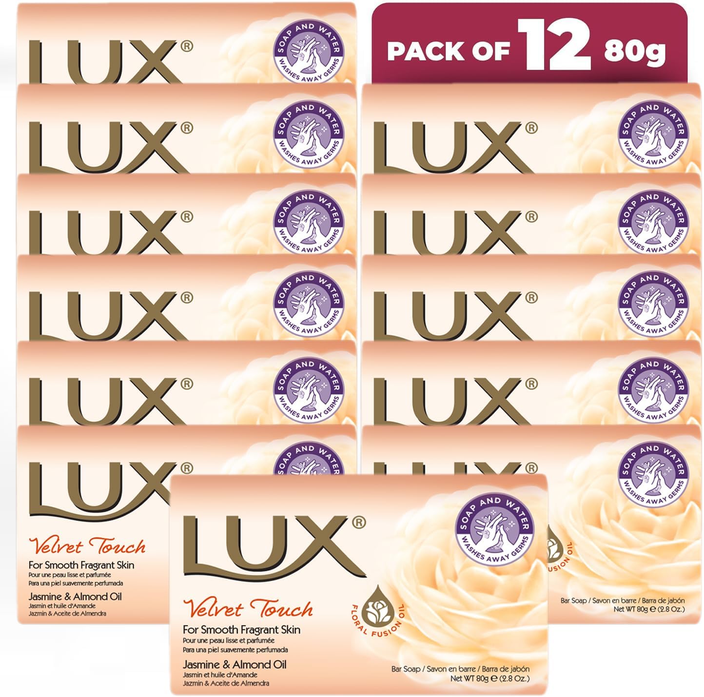 LUX Velvet Touch Beauty Soap Bar - Indulgent Skincare for Face, Hands & Body - Enriched for Smooth, Radiant Skin - Gentle Daily Bath & Shower Soap w/Fresh Fragrance - Men & Women - 80g x 12
