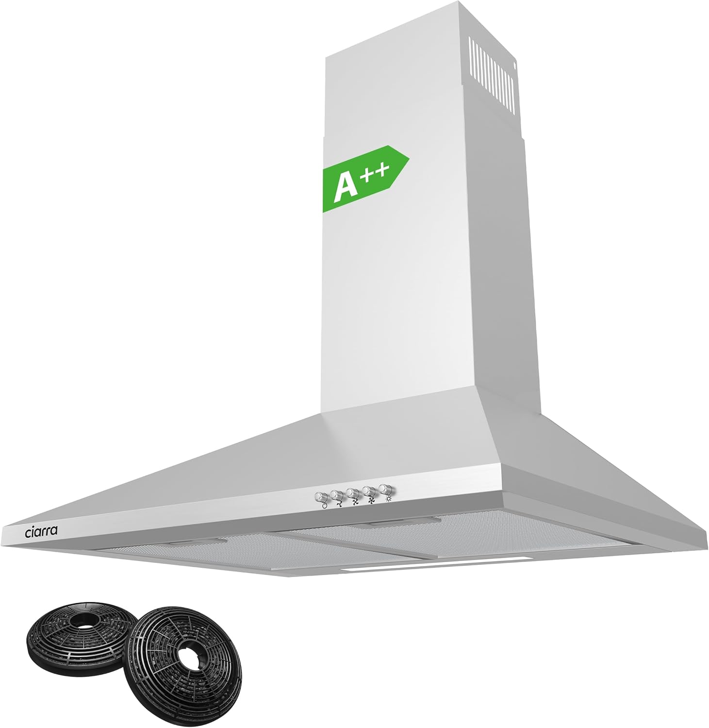 CIARRA Cooker Hoods 60cm CBCS6201 Stainless Steel Chimney vent Hood 600mm with Carbon Filters Recirculating Ducting Wall Mounted Kitchen Ventilation Extractor Fan